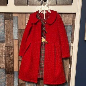Elegant Little Girls Plaid Dress & Red Pea Coat